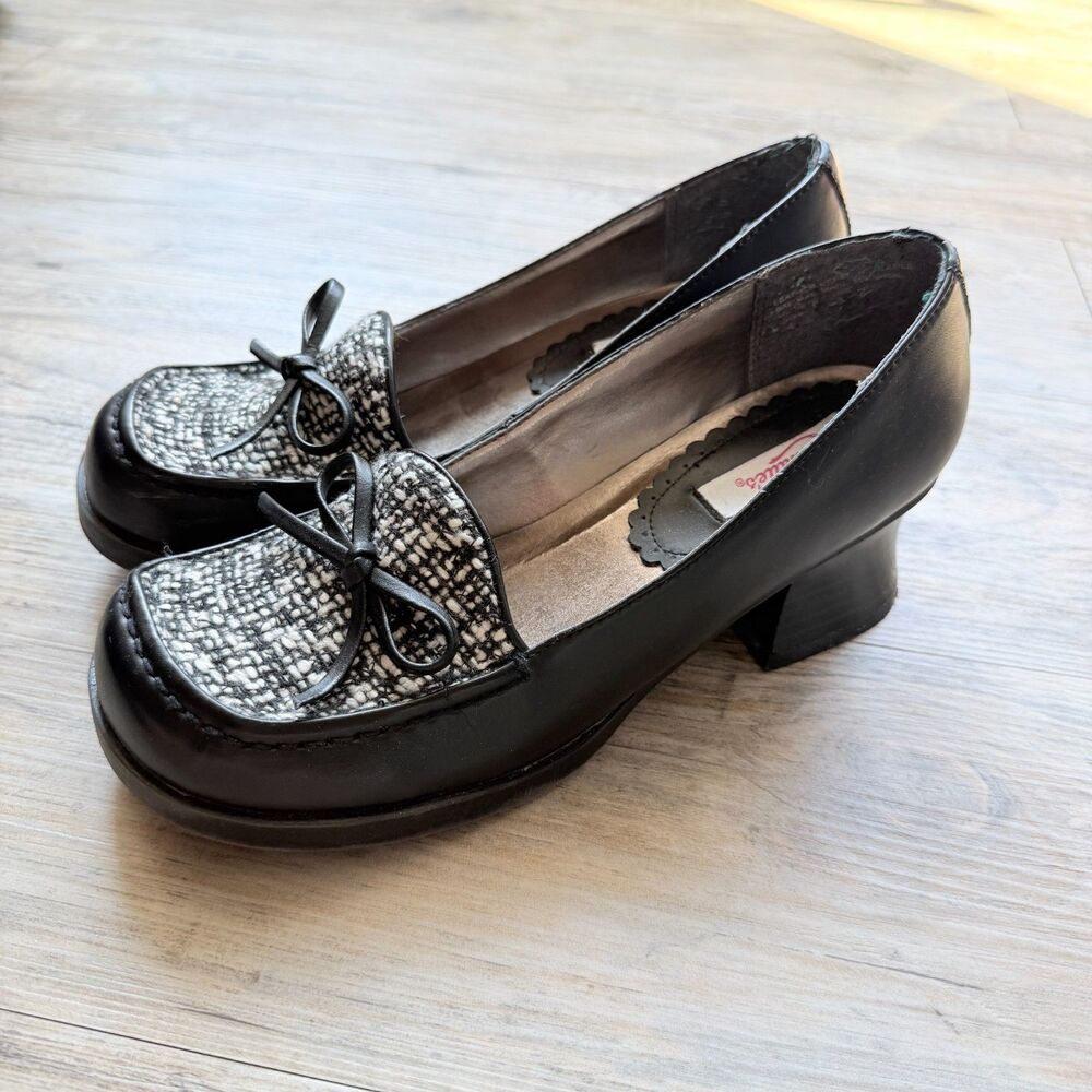 Vintage Y2K Candie's Black Leather Tweed Loafer Heels Bow Pumps Size 7